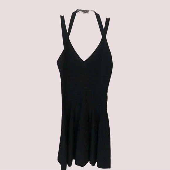 BCBGMaxAzria cocktail dress black ribbed mini full skirt, straps, Sz S, Elegant! - Picture 9 of 16